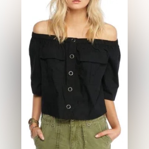 Free People Head Over Heels Off Shoulder Top Black Elastic Button Sz L - Picture 1 of 14